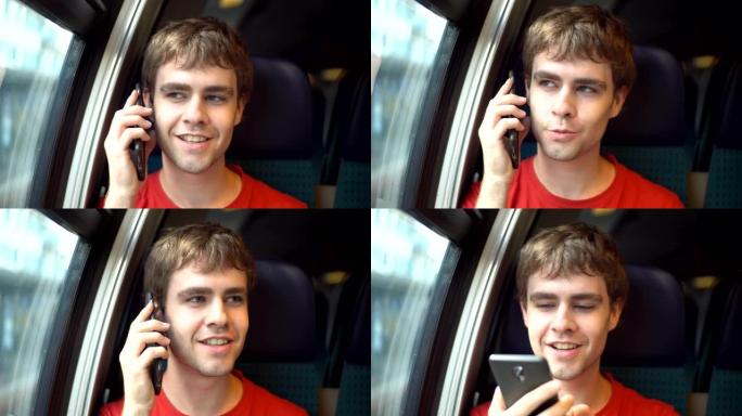 模型发布-年轻快乐的高加索人在火车内用手机聊天