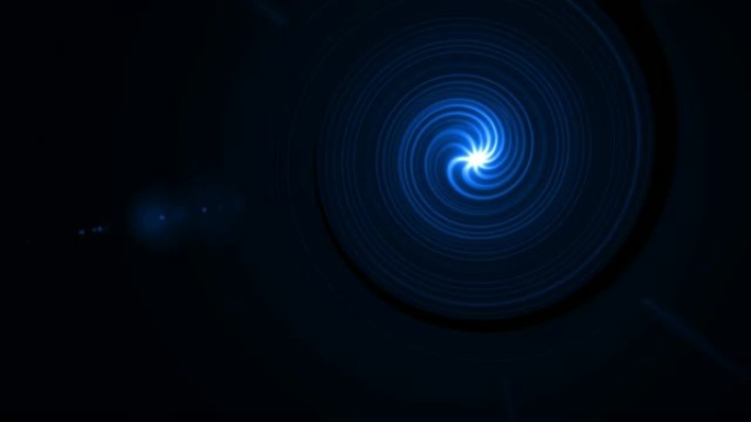 黑色运动视频上的漩涡蓝色数字光效果。空间上的扭转透镜耀斑。