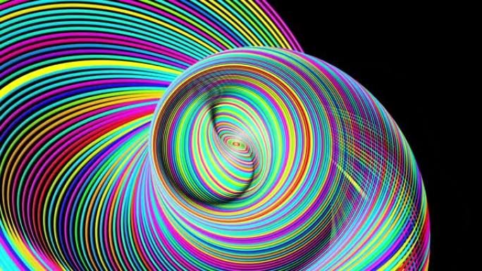 摘要带环的几何环bg形成复杂的扭曲螺旋和光效应。环闪光霓虹灯多色灯。用于表演或活动，节日或音乐会，v