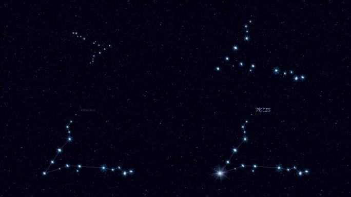 双鱼座星座，以恒星和轮廓逐渐缩放旋转图像