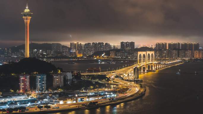 粤澳合作区澳门城市夜景车流片头片尾空镜