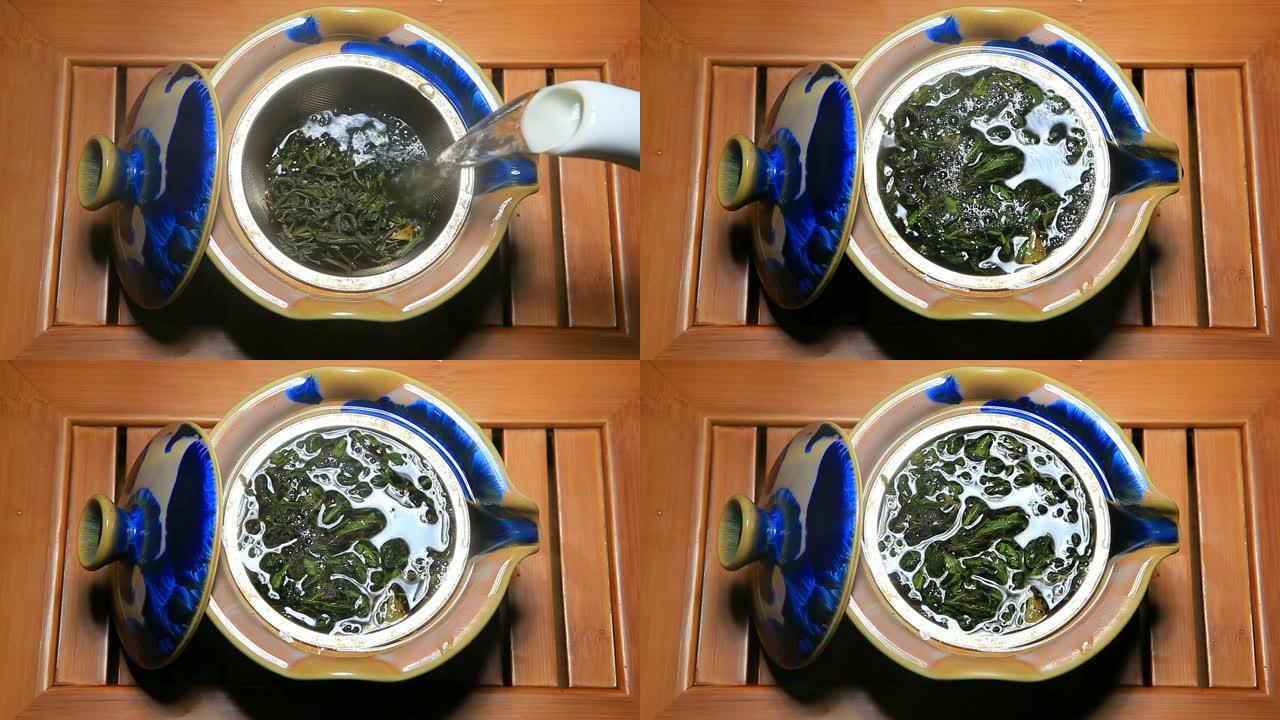 绿茶茂丰茶壶竹桌高清镜头