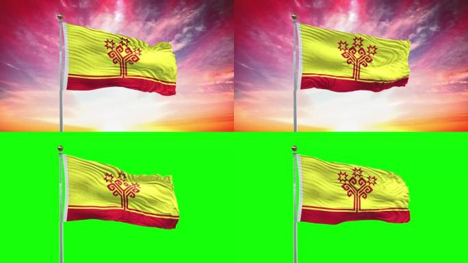 Chuvashia旗帜，可循环，包括绿屏色度键版本，在风中摇摆的慢动作动画，4K逼真的织物纹理，连续