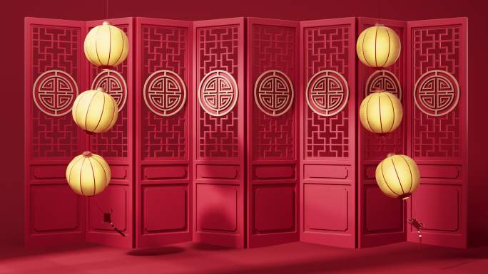 中国风古风门与灯笼3D渲染