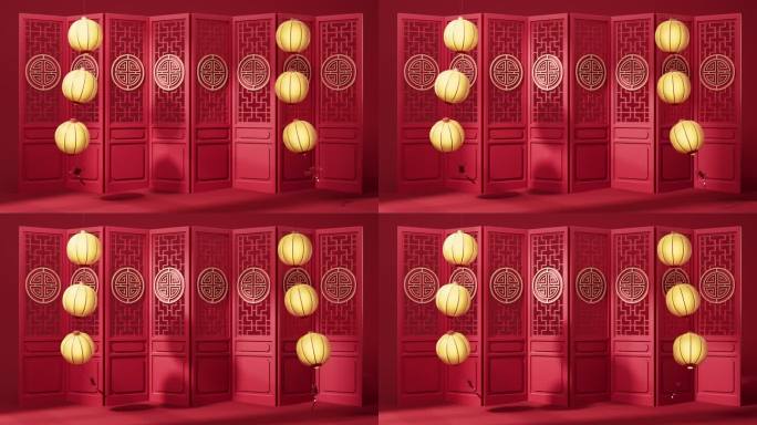 中国风古风门与灯笼3D渲染
