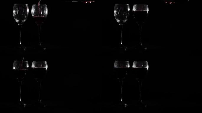 红酒倒入两杯黑色背景食品库存视频