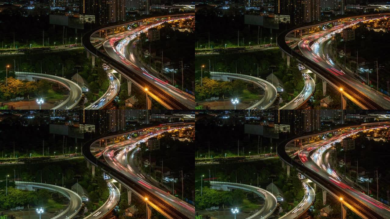 夜间在曼谷郊区高峰时段的高速公路交汇处和交通