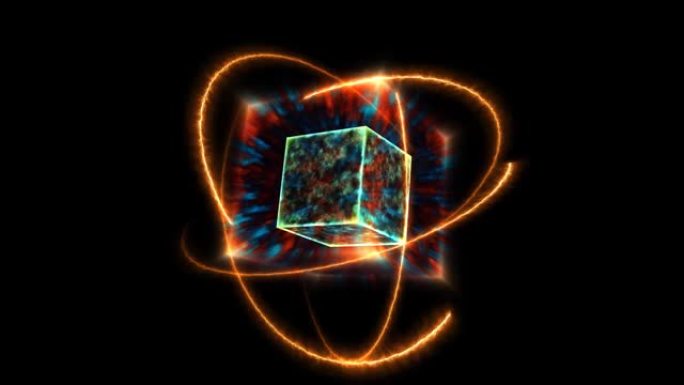 神秘的深蓝波立方体空核能量表面和永恒火焰能量移动的原子
