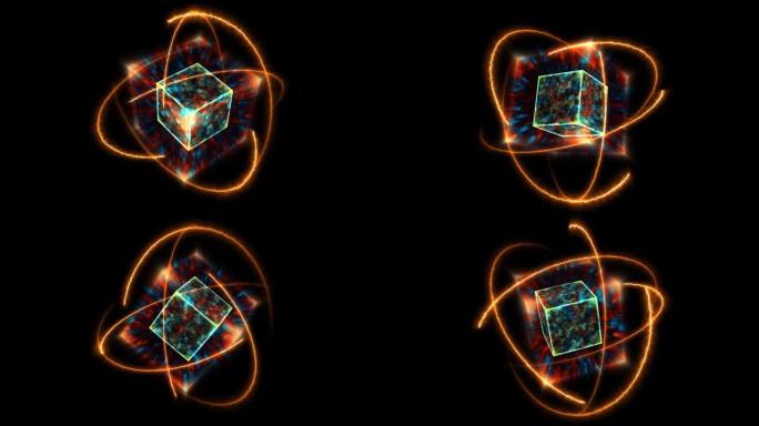 神秘的深蓝波立方体空核能量表面和永恒火焰能量移动的原子