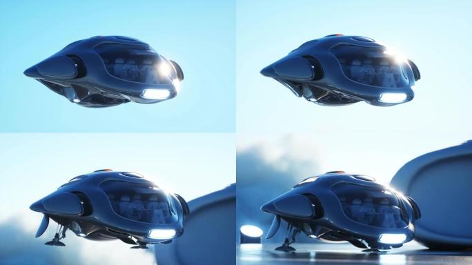 未来主义的船降落在云中的未来主义基地。逼真的4k动画。