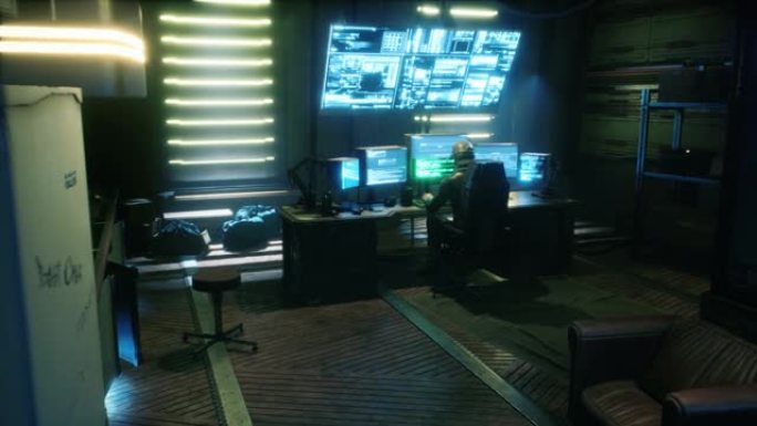 他半黑办公室里的一名黑客正在从事计算机黑客活动。程序员在计算机上工作。小说、网络和科幻背景的动画。