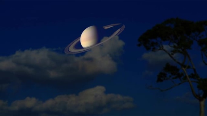 土星慢速移动回传剪影树和云在夜晚深蓝色的天空时间流逝