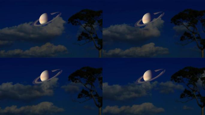 土星慢速移动回传剪影树和云在夜晚深蓝色的天空时间流逝