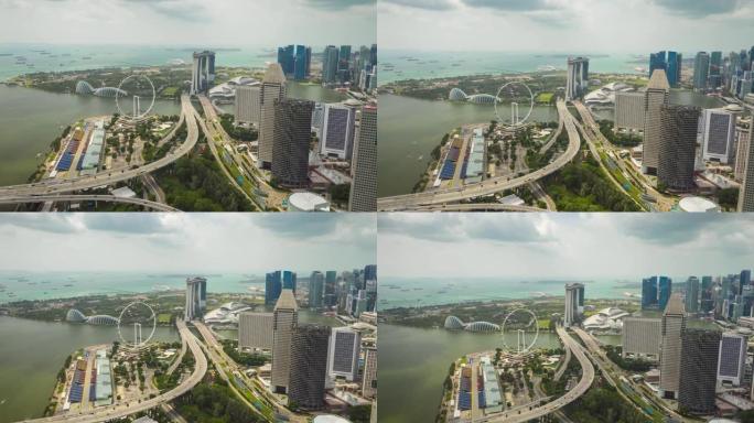 新加坡白天飞越海湾城市景观交通道路空中全景4k延时