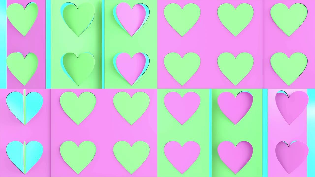 3d动画很多的心。心脏标志正在翻转。无缝模式。