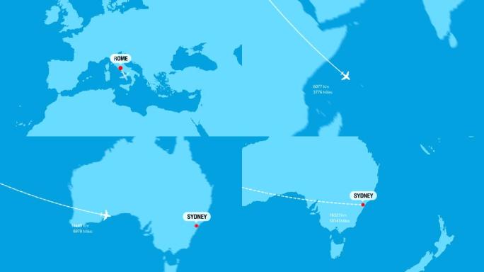 罗马至悉尼的航班旅行路线