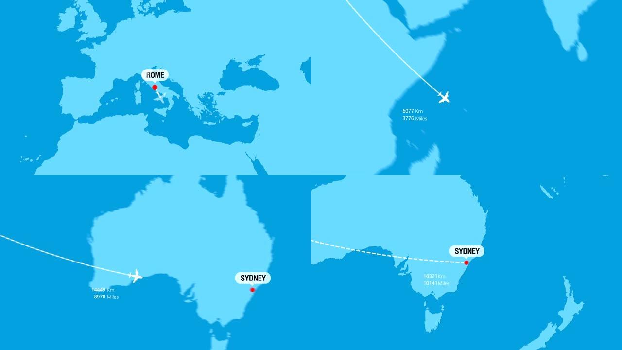 罗马至悉尼的航班旅行路线