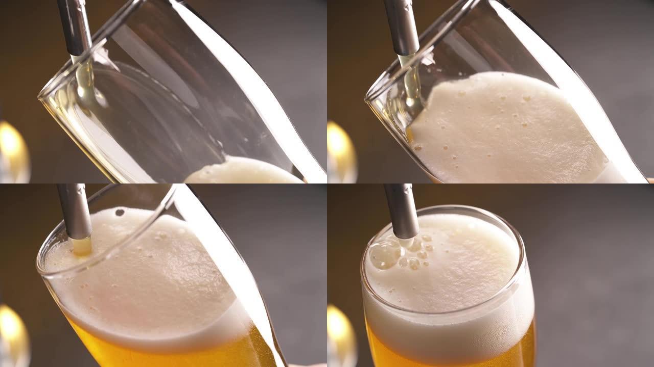 调酒师将带有泡沫的轻啤酒倒入玻璃杯的俯视图。酿造概念