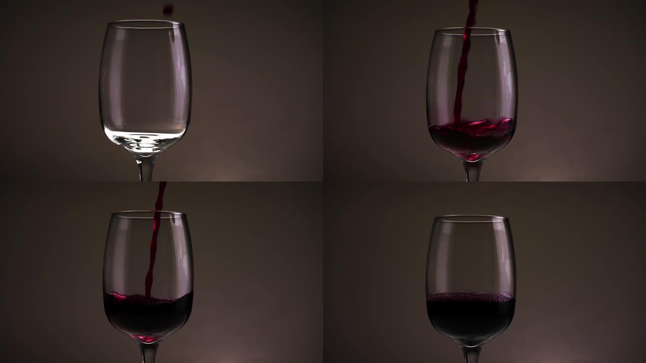 将红酒倒入深色背景的玻璃杯中。