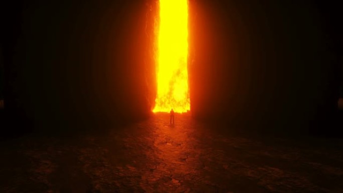 罪人。一个孤独的罪人站在地狱之门前。地狱之火。宗教概念。逼真的4k动画。