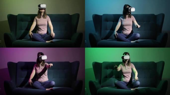 女人坐在沙发上，戴着虚拟现实眼镜，在空中抚摸手