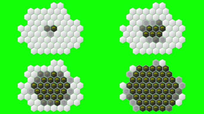 绿色屏幕背景上的传染病癌症六边形头骨符号图案的二维动画，全高清，每秒25帧