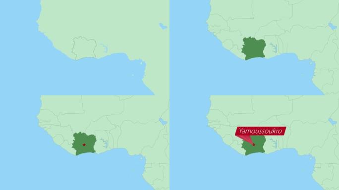 象牙海岸地图，带国家首都大头针。