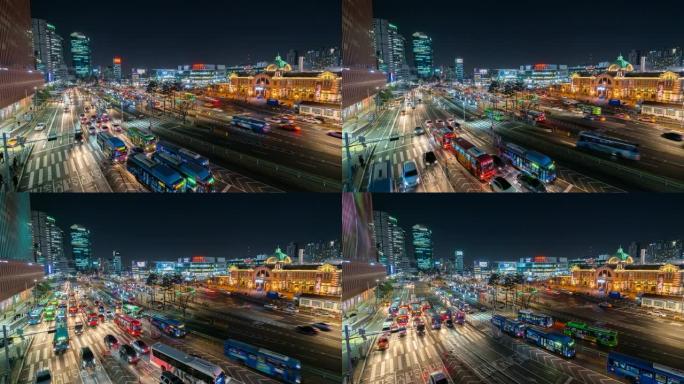 4k时间流逝: 首尔城市的交通与高层摩天大楼，现代城市商业区背景之夜首尔，韩国城市景观全景