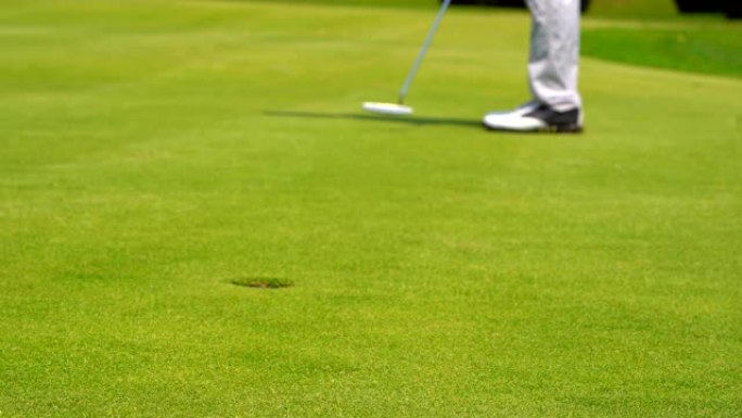 慢动作高尔夫球手在暑假将高尔夫球打入绿色高尔夫球洞