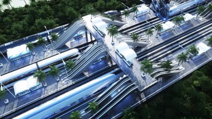 科幻铁路未来派车站。未来概念。Dinamyc树。。鸟瞰图逼真4k动画