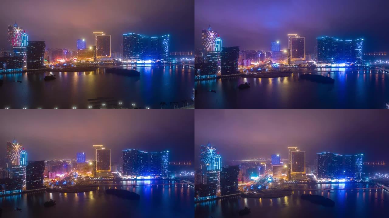 夜间照明澳门城市著名酒店海湾空中全景4k延时中国