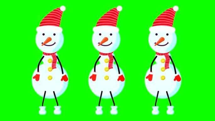 三个戴着红色帽子和胡萝卜鼻子的雪人在跳舞