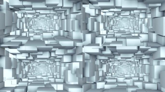 白色立方体的隧道3D渲染无缝循环动画