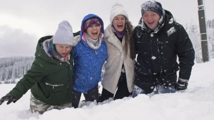 四个朋友落入雪堆的肖像。在白雪皑皑的森林背景下。冬季乐趣