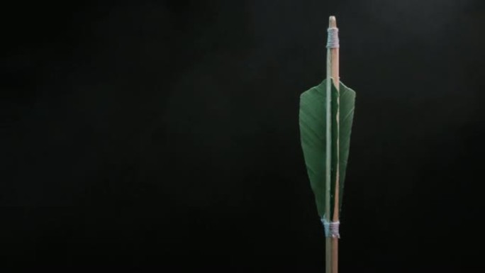 绿木箭头旋转360度。美丽的烟雾背景。中世纪武器是手工制作的。