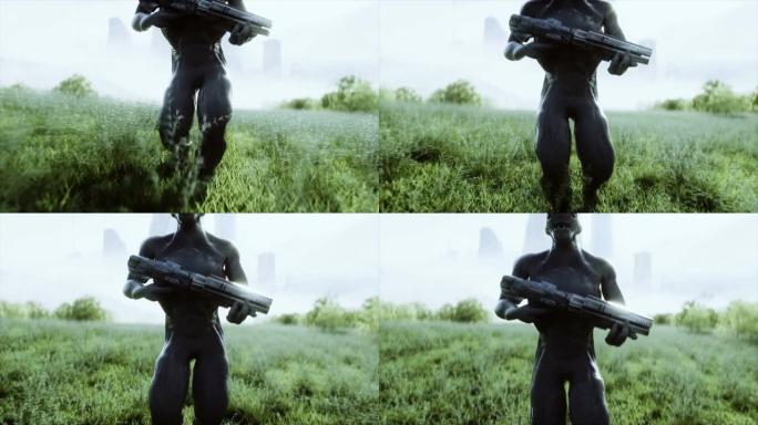 携带武器的军事外星人在城市背景下穿过草地。逼真的4k动画。