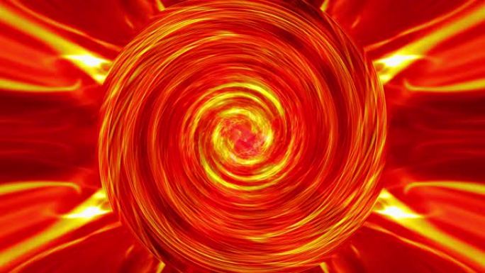 黄橙红色迷幻扭曲螺旋涡旋能量光的抽象幻觉运动图形循环。4k循环快速移动彩色圆形条纹漩涡催眠旋转抽象艺