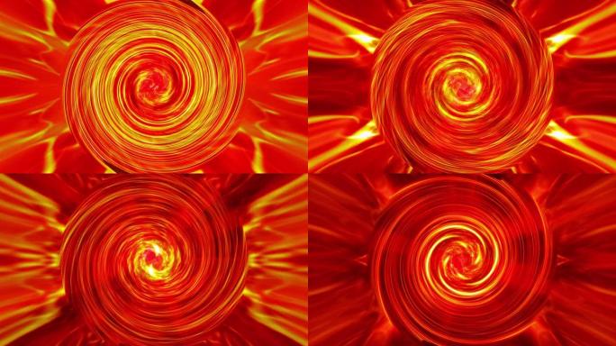 黄橙红色迷幻扭曲螺旋涡旋能量光的抽象幻觉运动图形循环。4k循环快速移动彩色圆形条纹漩涡催眠旋转抽象艺
