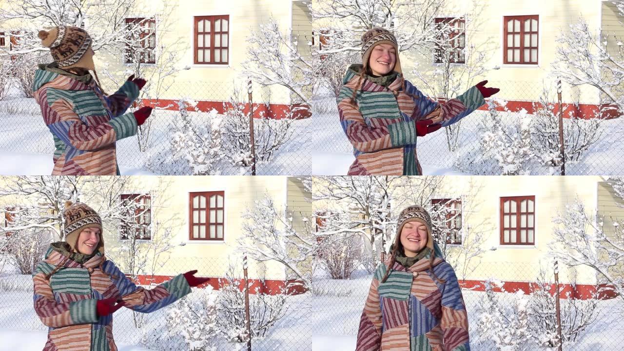 俄罗斯冬季指向乡间别墅的女孩的肖像