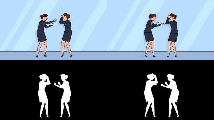 平面卡通商人女人角色拳击战斗对峙概念动画