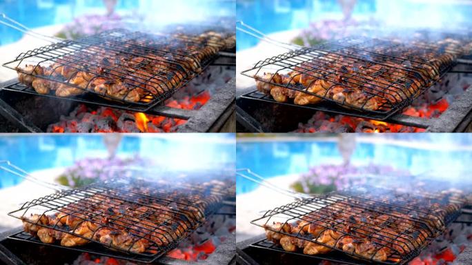 鸡肉烧烤是由酒店的厨师在游泳池旁用蓝色的水在大烤架上烹饪的。埃及