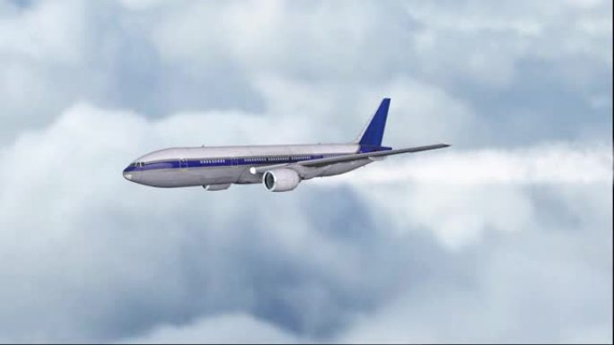 一架巨型喷气式客机在黎明时飞过云层。飞机。逼真的3D可视化。晴朗的天气。喷气式飞机。动画