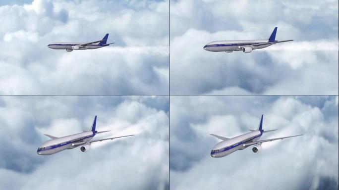 一架巨型喷气式客机在黎明时飞过云层。飞机。逼真的3D可视化。晴朗的天气。喷气式飞机。动画