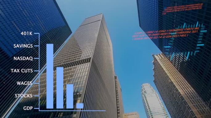 金融中心摩天大楼，叠加数字表明经济增长，股市上涨和其他统计数据，以促进经济增长