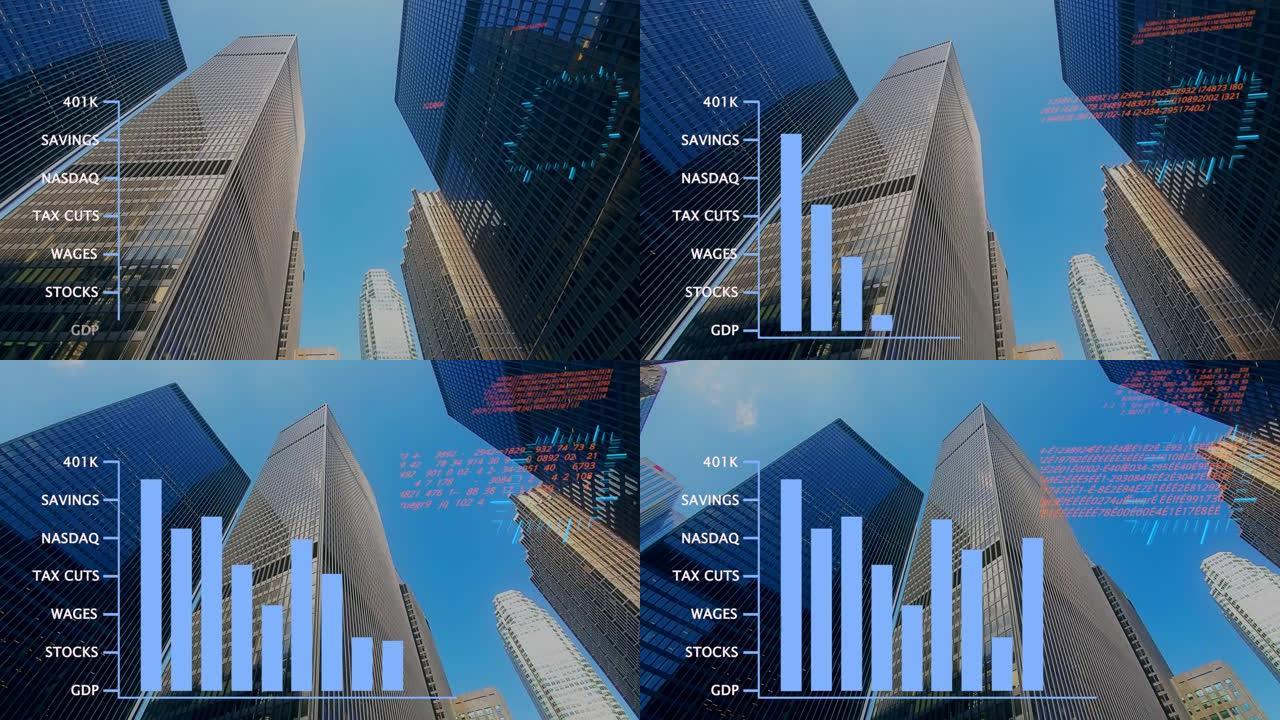 金融中心摩天大楼，叠加数字表明经济增长，股市上涨和其他统计数据，以促进经济增长