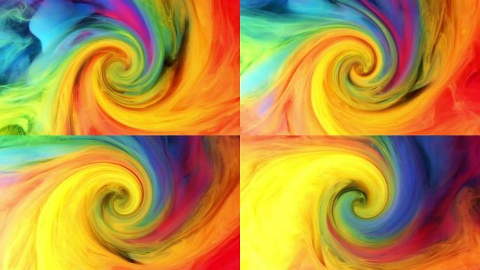 彩色墨水油漆俯视图在水中以慢动作混合。黑色背景下水墨液体艺术旋转。红色蓝色黄色抽象