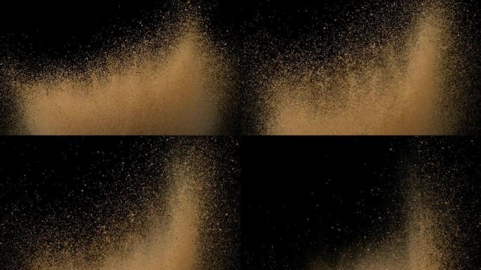 生姜，姜，黑色背景下的粉末，慢动作4K