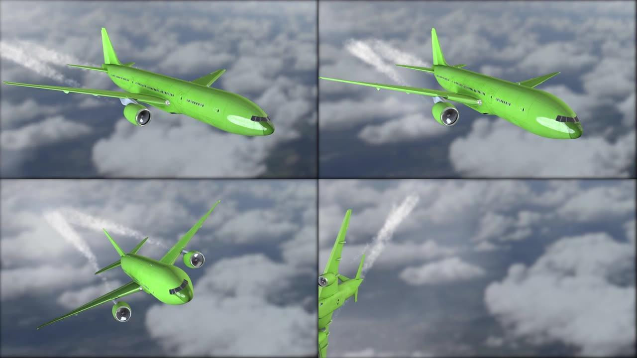 一片绿色在云层中飞行。背景模糊。灰色的云。天空中的衬垫特写。飞越。3D、4k动画逼真可视化