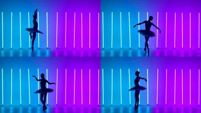 在蓝色和紫色霓虹灯的背景下，在黑暗的工作室中，女性年轻优雅的芭蕾舞演员在古典芭蕾舞中跳舞元素。苗条的