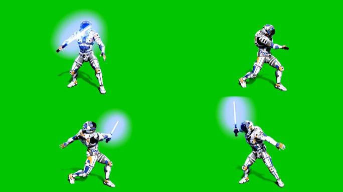 宇航员-未来的士兵在绿屏前用光剑战斗。逼真的动画。